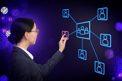 Image of Multi-level marketing. Businesswoman touching scheme on digital screen, illustration of hierarchy