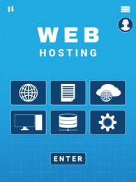 Illustration of Web hosting service. Homepage with different icons, illustration