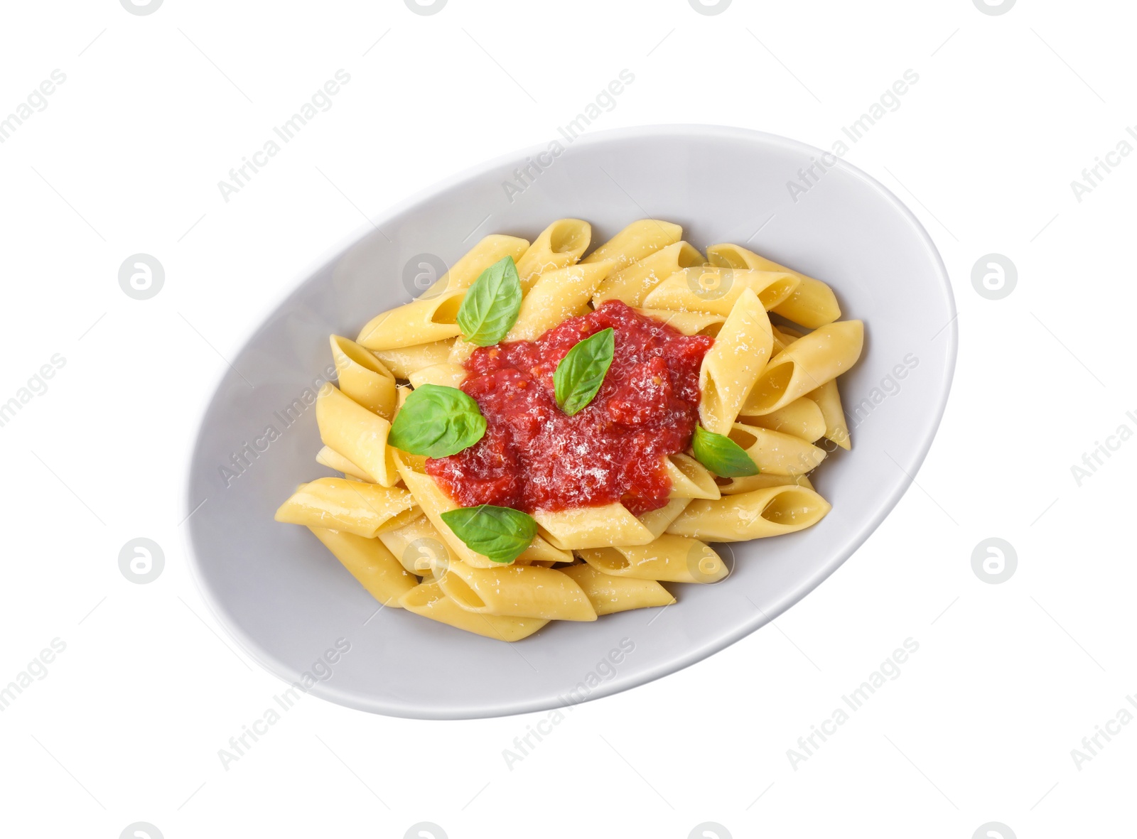 Photo of Tasty pasta with tomato sauce, basil and cheese isolated on white, top view