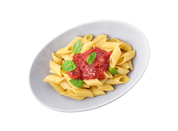 Tasty pasta with tomato sauce, basil and cheese isolated on white, top view