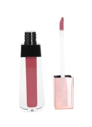 Photo of Lip gloss and applicator isolated on white. Cosmetic product