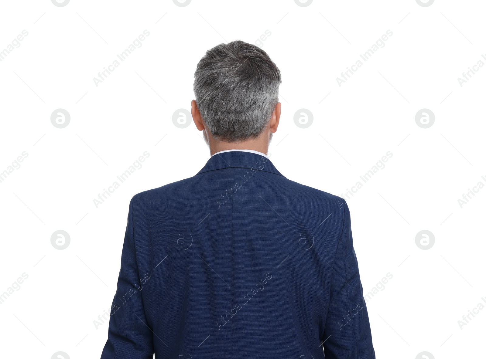 Photo of Mature businessman in stylish clothes posing on white background, back view