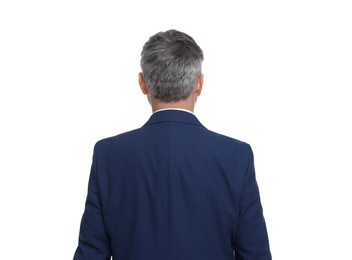 Photo of Mature businessman in stylish clothes posing on white background, back view