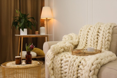 Photo of Soft knitted blanket and tray with cup of tea on couch in room. Interior element