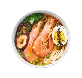 Delicious ramen with shrimps and egg in bowl isolated on white, top view. Noodle soup