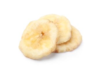 Photo of Sweet banana slices on white background. Dried fruit as healthy snack