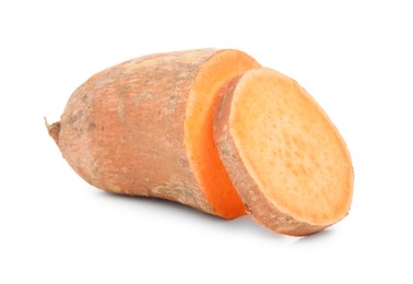 Whole and cut sweet potatoes on white background