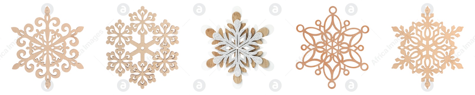 Image of Set of beautiful decorative snowflakes on white background. Banner design