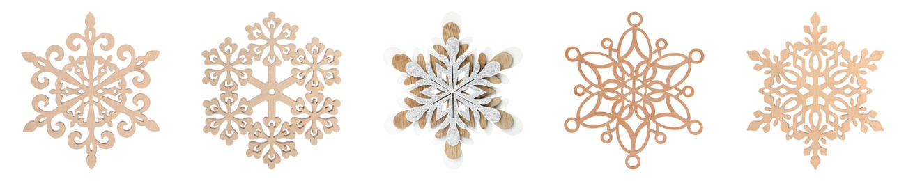 Image of Set of beautiful decorative snowflakes on white background. Banner design