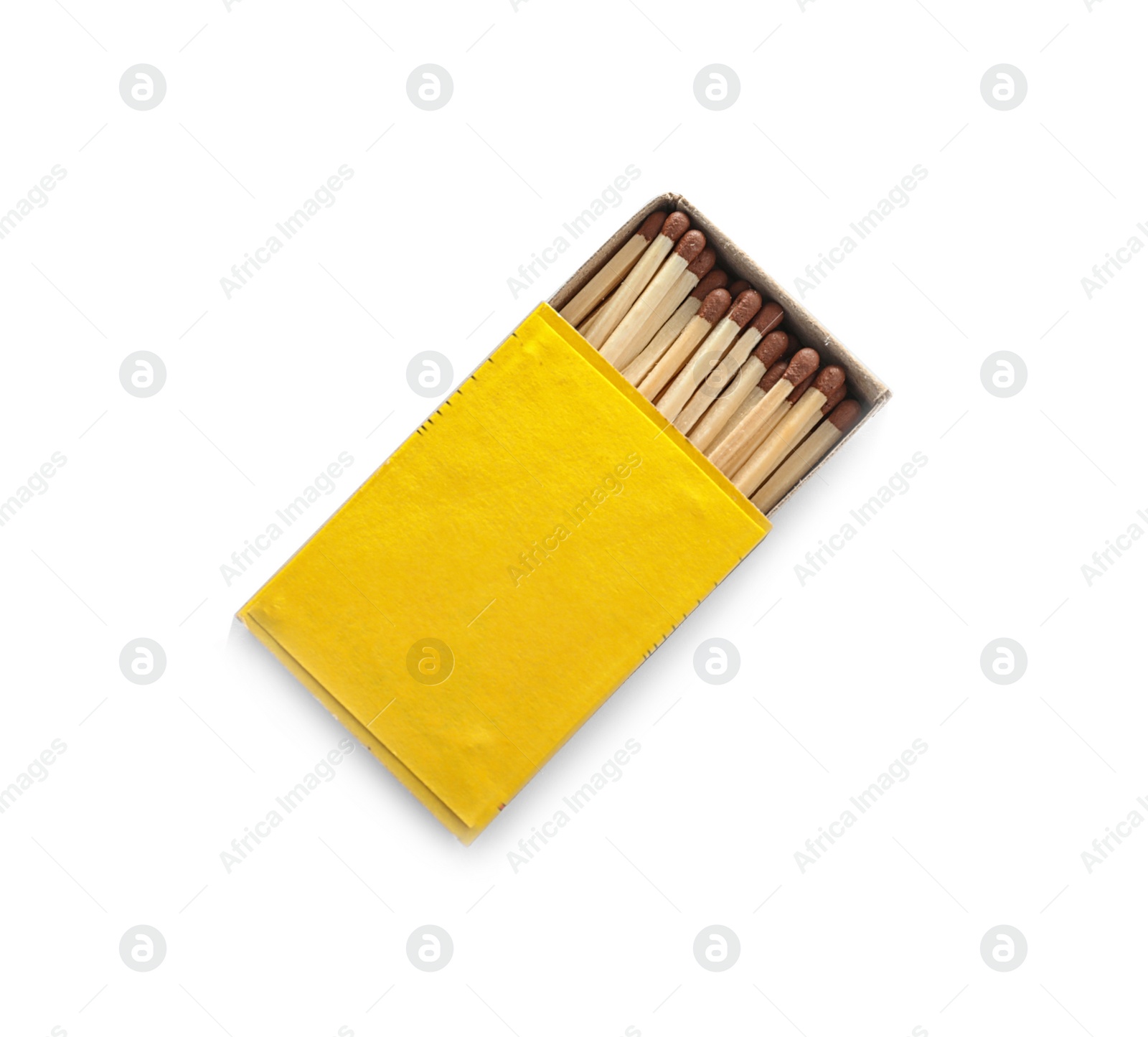 Photo of Cardboard box with matches on white background, top view. Space for design