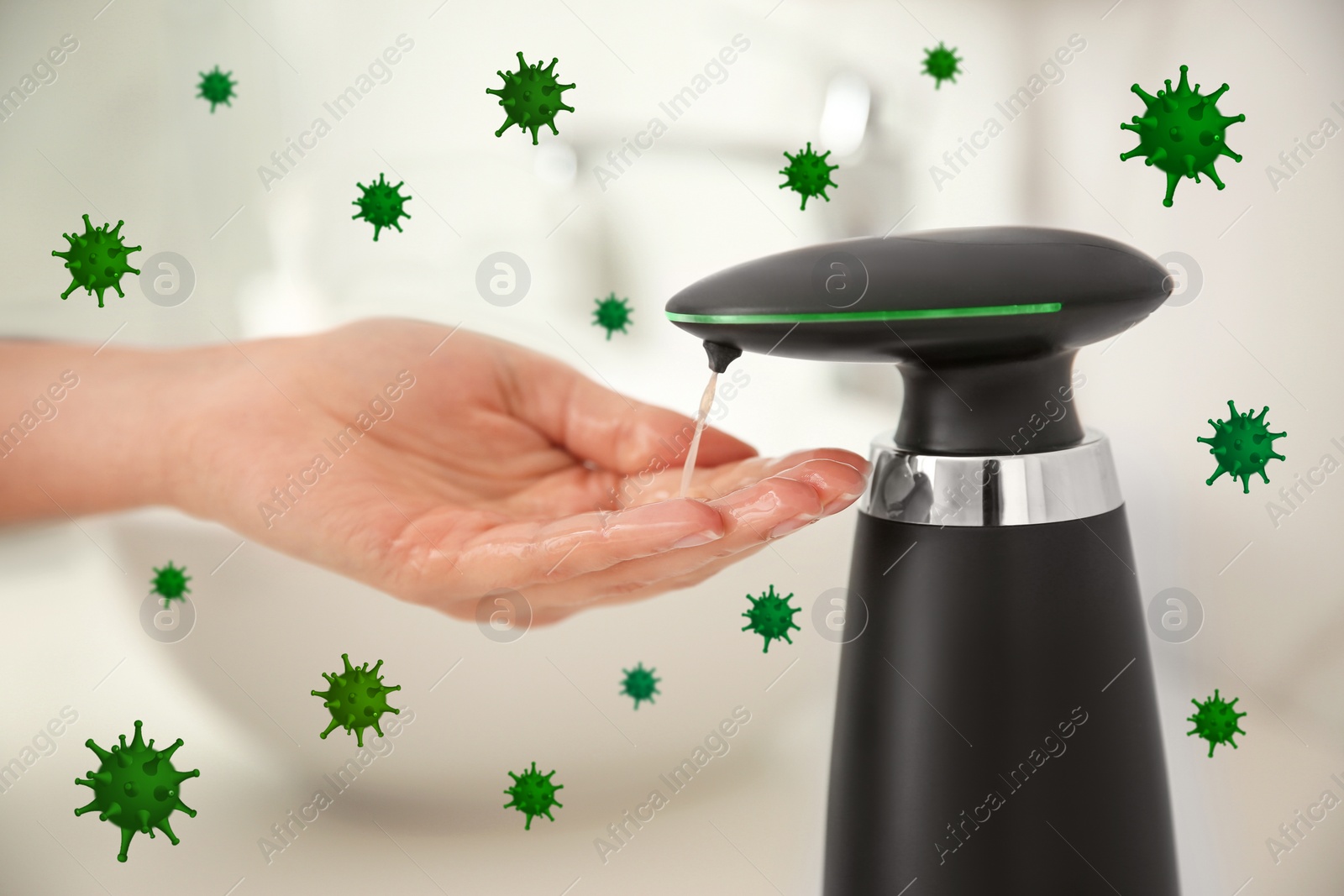 Image of Woman using automatic soap dispenser in bathroom, closeup. Washing hands during coronavirus outbreak