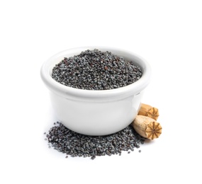 Photo of Bowl with poppy seeds on white background