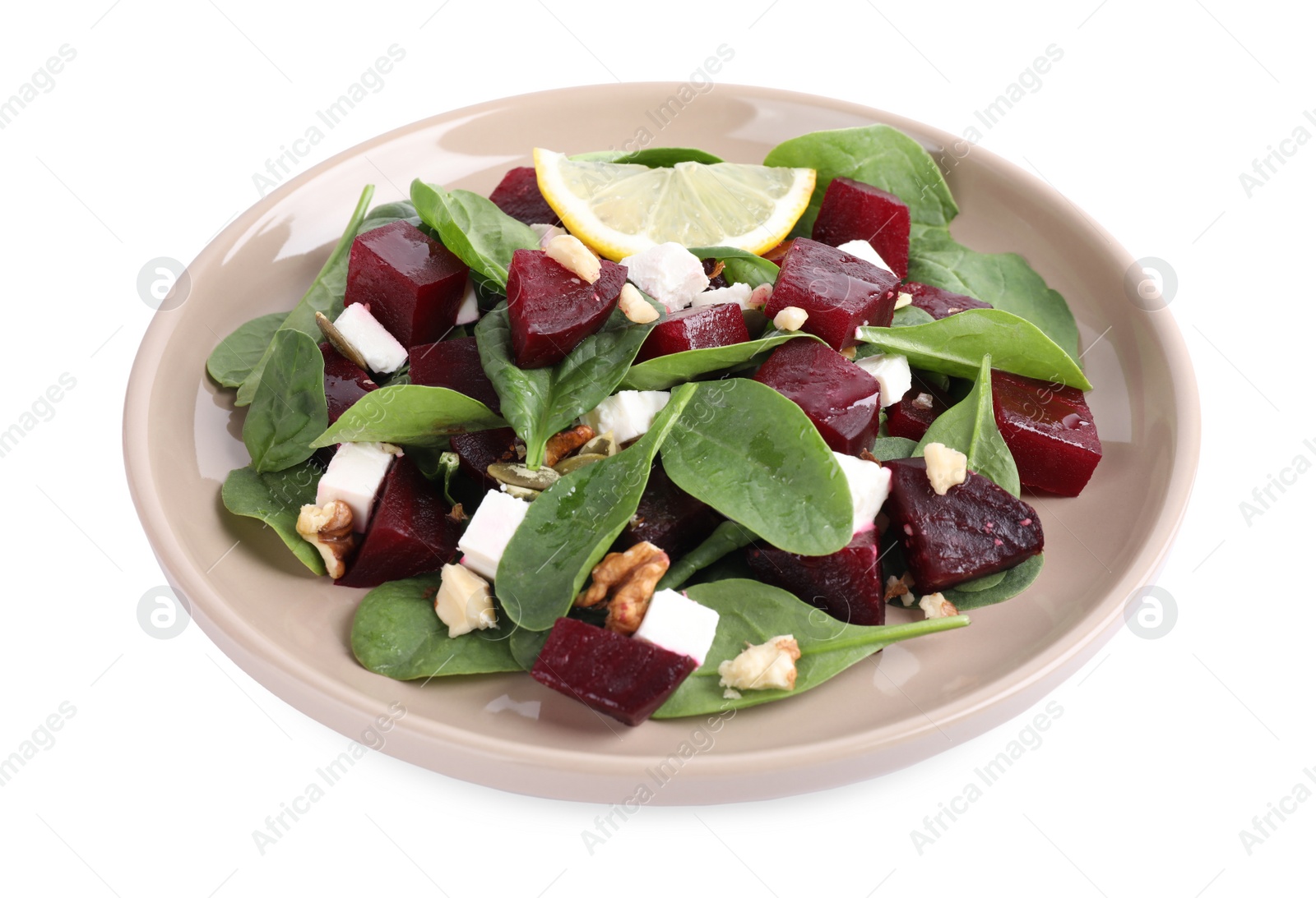 Photo of Delicious beet salad with spinach and feta cheese isolated on white
