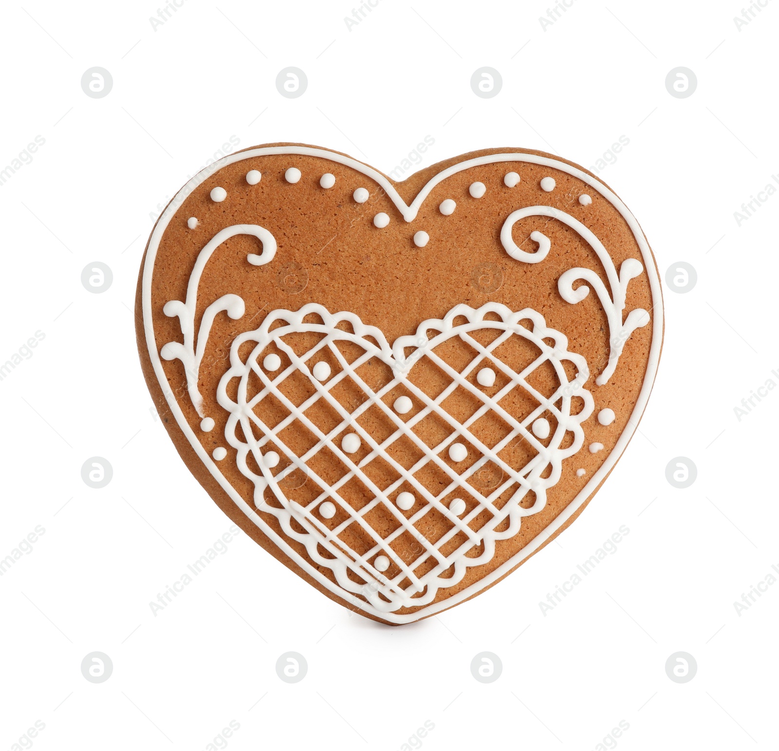 Photo of Gingerbread heart decorated with icing isolated on white