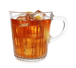 Photo of Glass cup of tasty iced tea with lemon on white background