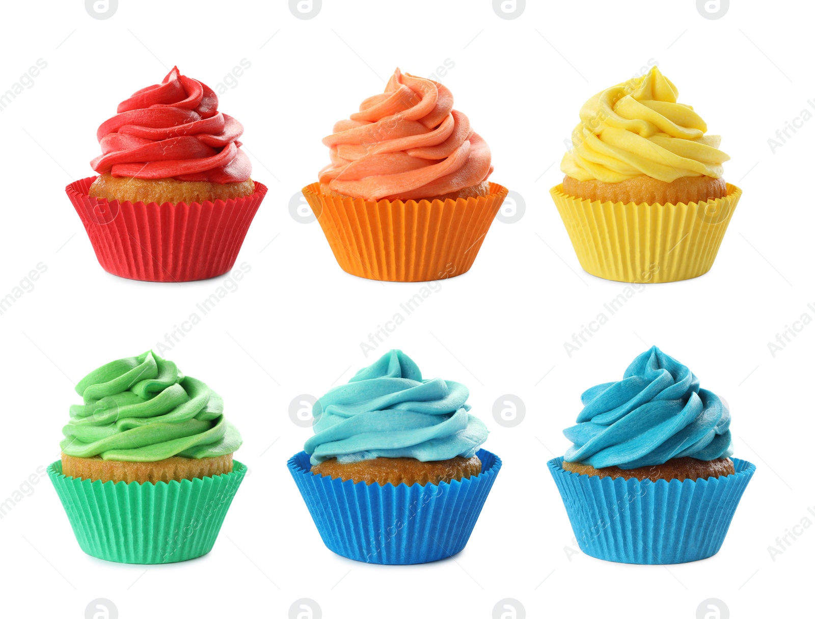 Image of Set of delicious birthday cupcakes on white background