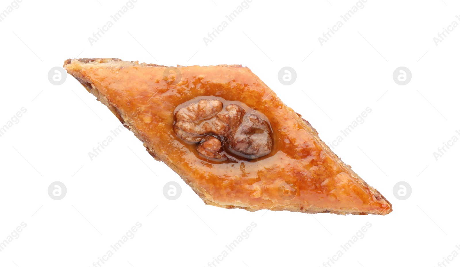 Photo of Delicious honey baklava with walnuts on white background, top view