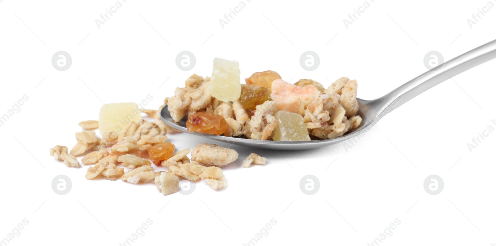 Photo of Spoon with granola on white background. Healthy snack