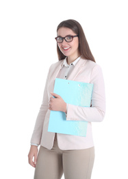 Photo of Portrait of young businesswoman on white background