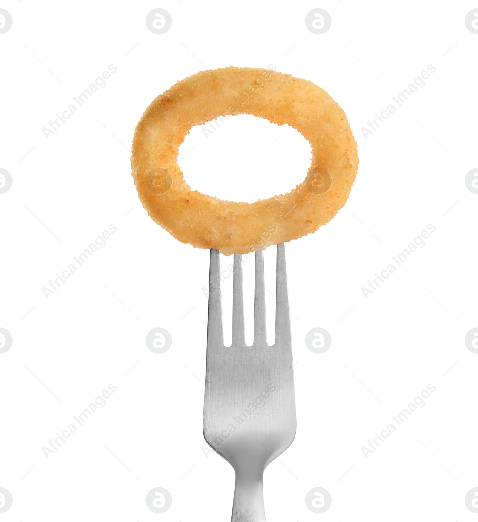 Photo of Fork with delicious onion ring isolated on white