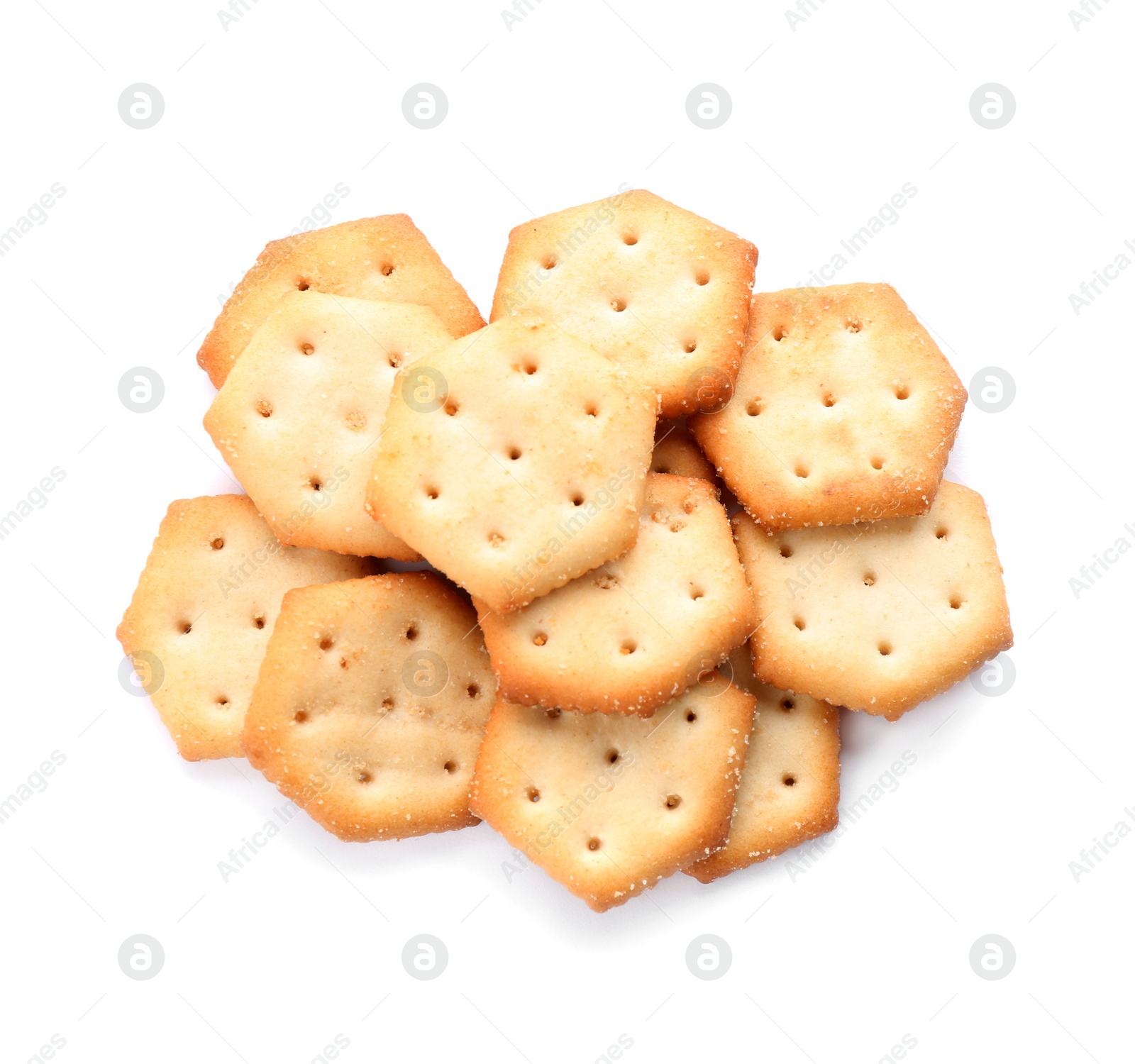 Photo of Delicious crispy crackers isolated on white, top view