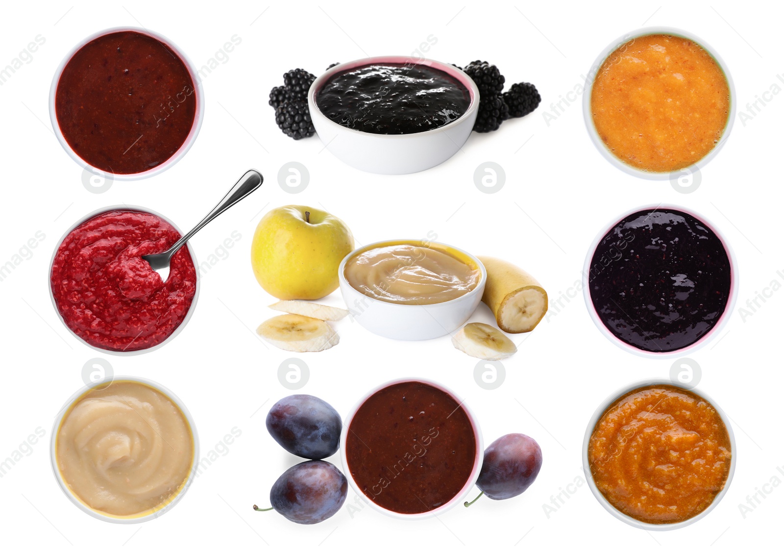 Image of Set with different tasty fruit puree on white background