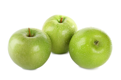 Photo of Fresh juicy green apples with water drops isolated on white