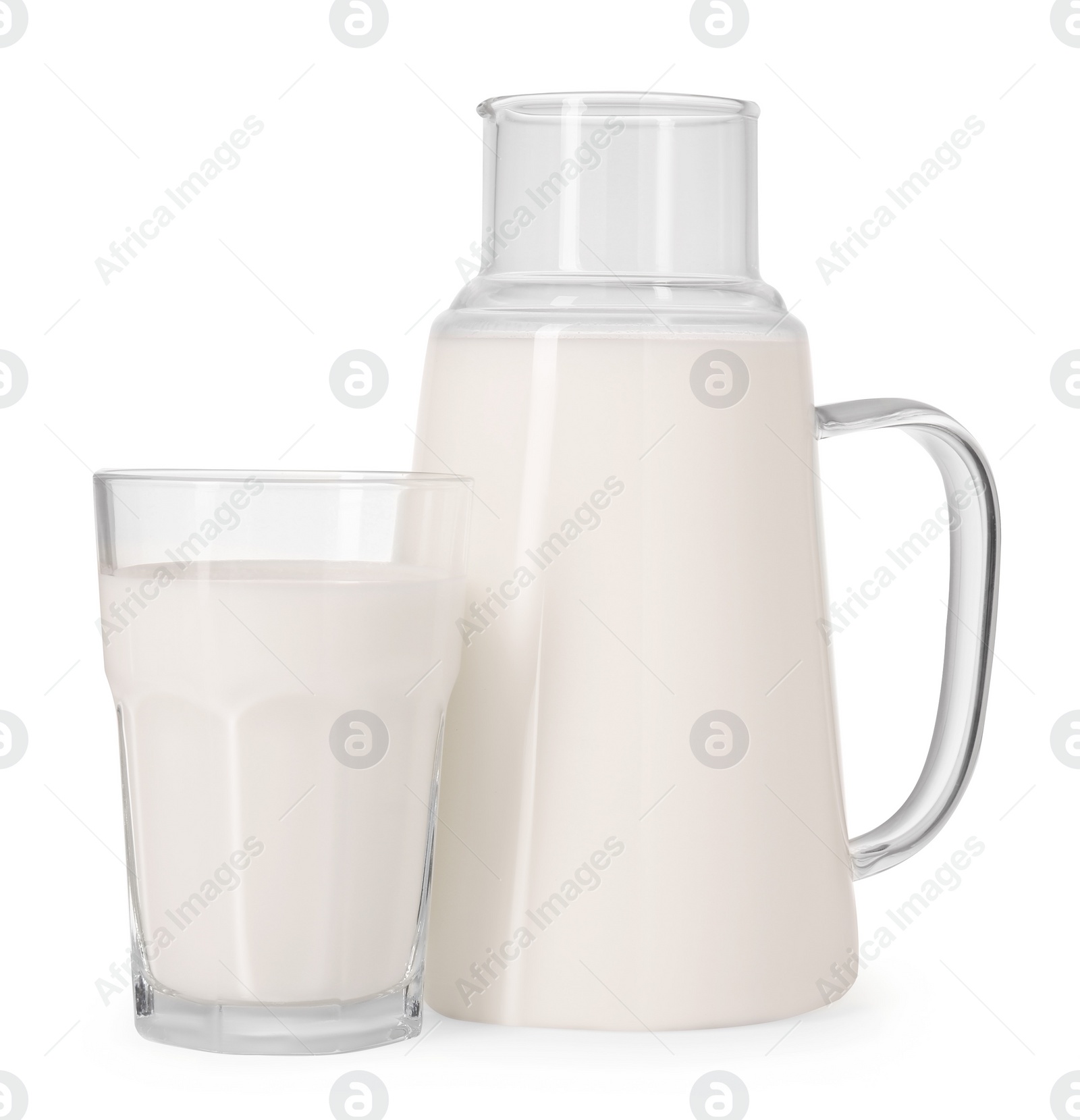 Photo of Carafe and glass of fresh milk isolated on white