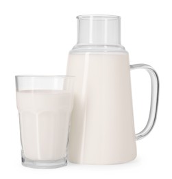 Photo of Carafe and glass of fresh milk isolated on white