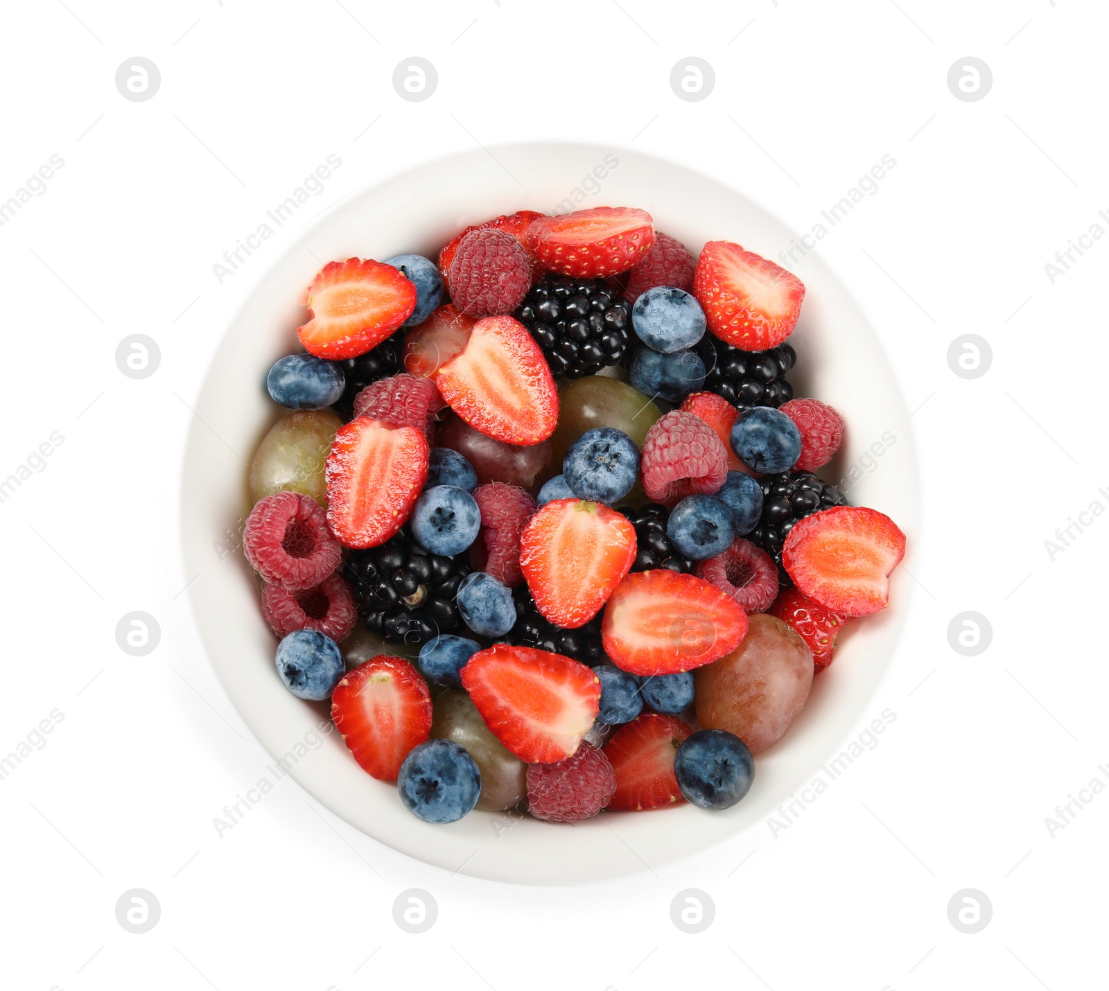 Photo of Fresh tasty fruit salad on white background, top view