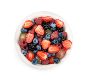 Photo of Fresh tasty fruit salad on white background, top view