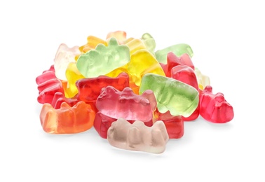 Pile of delicious jelly bears on white background