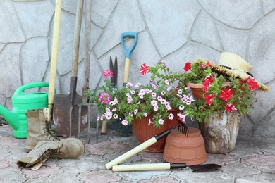 Set of gardening tools near wall outdoors