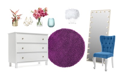 Stylish interior design. Different decorative elements and furniture on white background. Mood board collage