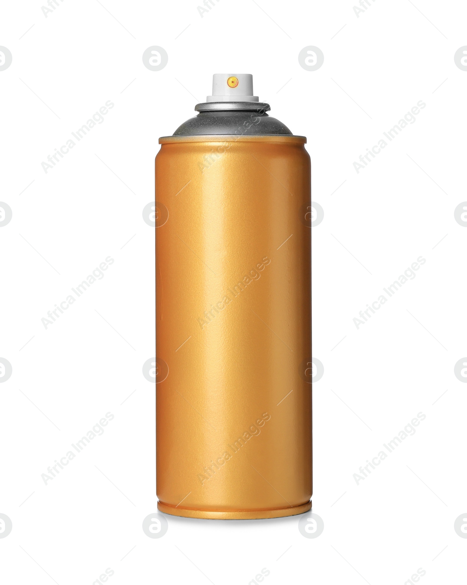 Photo of Can of golden spray paint isolated on white. Graffiti supply