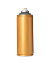Photo of Can of golden spray paint isolated on white. Graffiti supply