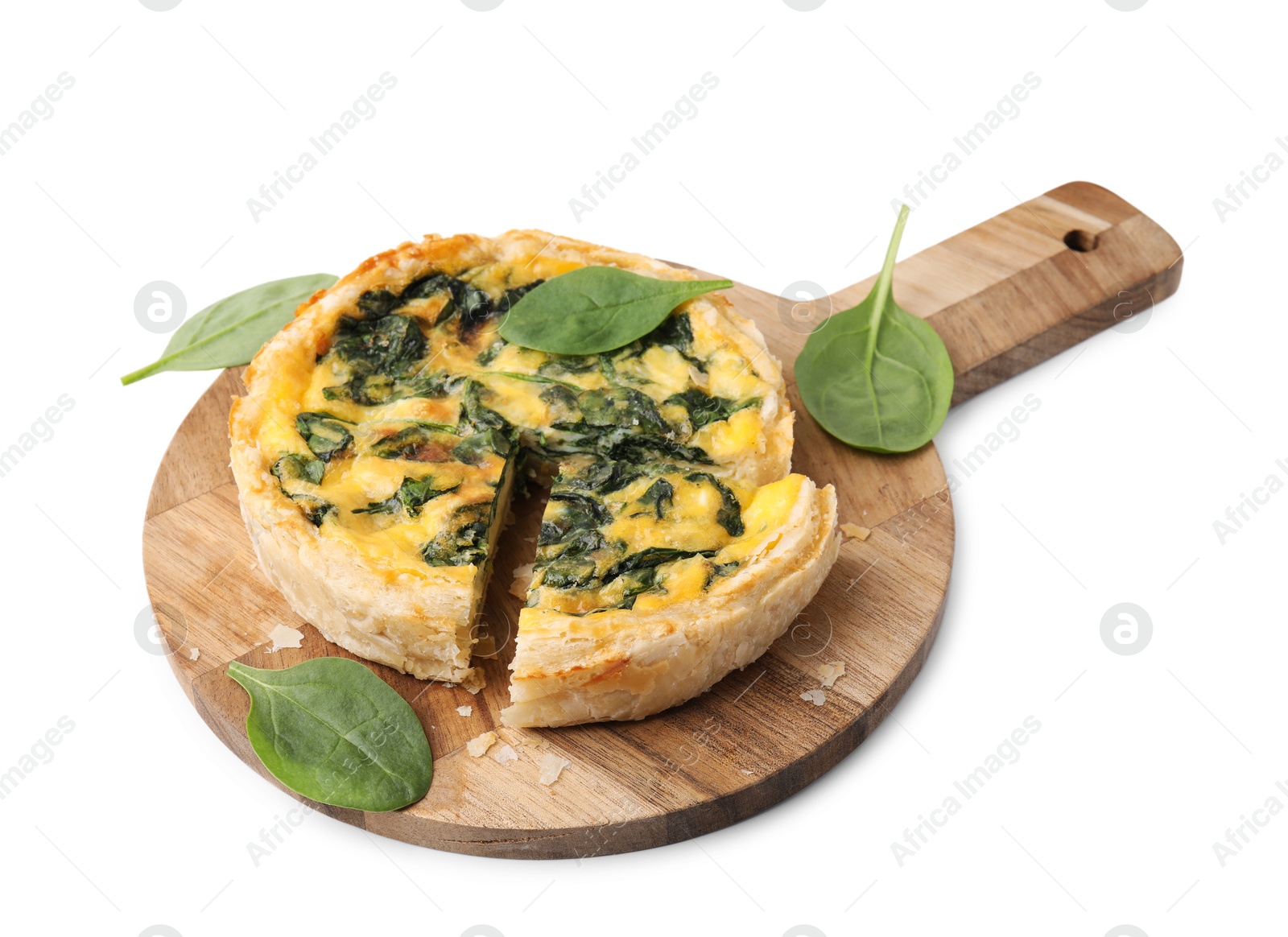 Photo of Delicious pie with spinach isolated on white