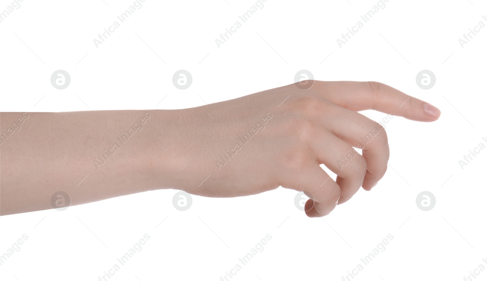 Photo of Woman against white background, closeup of hand