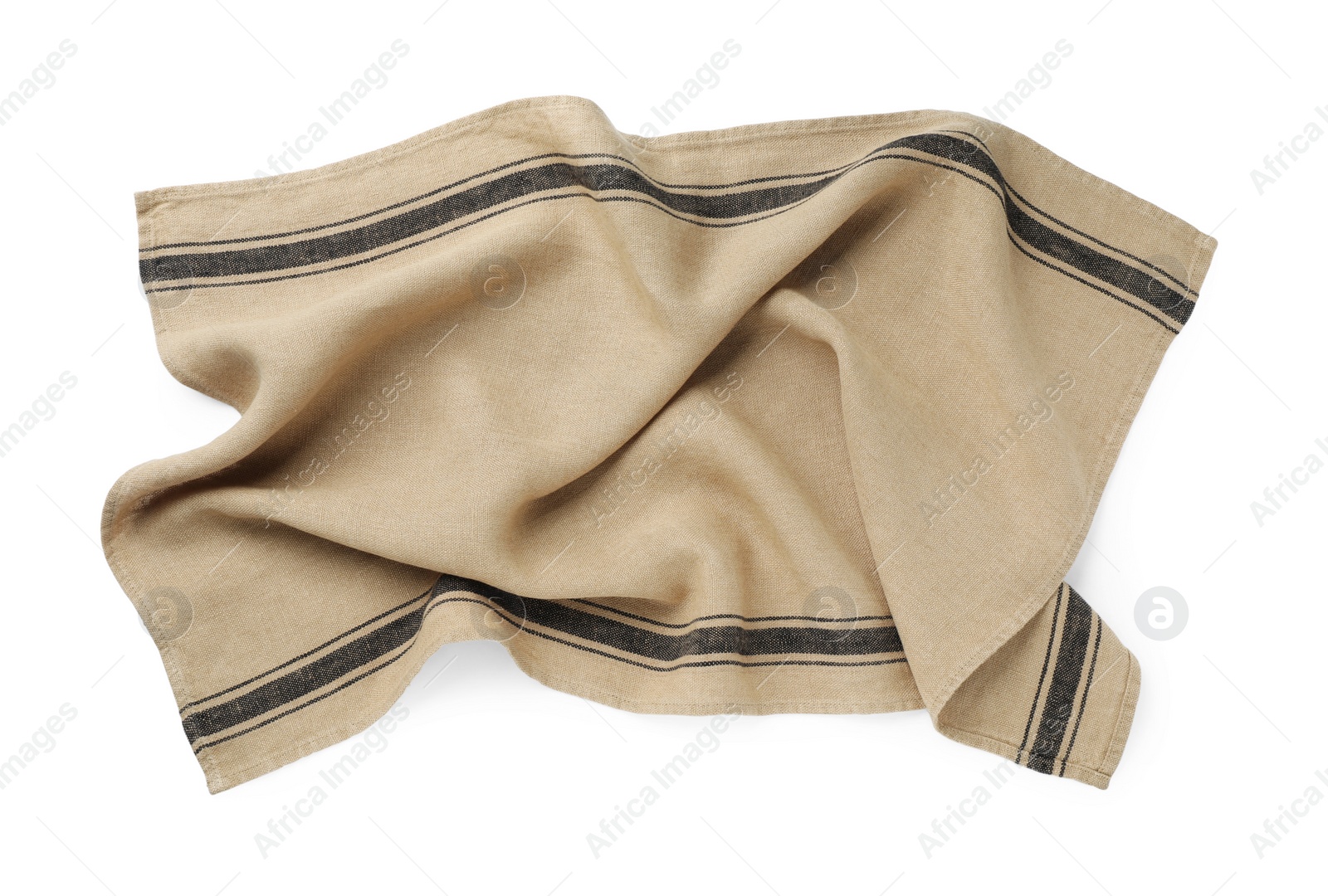 Photo of Beige cloth napkin with stripes isolated on white, top view