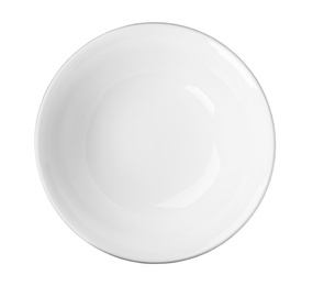 Photo of Ceramic bowl with space for text on white background, top view. Washing dishes