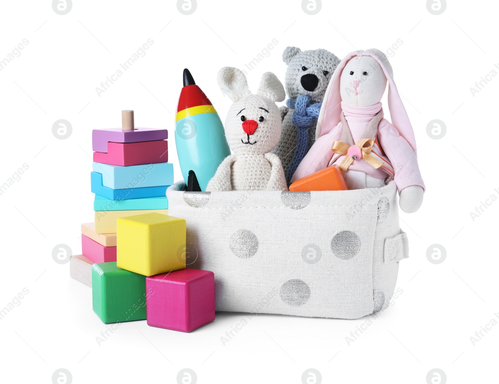 Photo of Set of different toys on white background