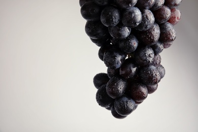 Photo of Fresh ripe juicy grapes with water drops and space for text on light background