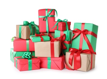 Photo of Different Christmas gift boxes on white background