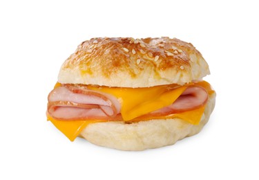 Photo of Delicious bagel with ham and cheese isolated on white