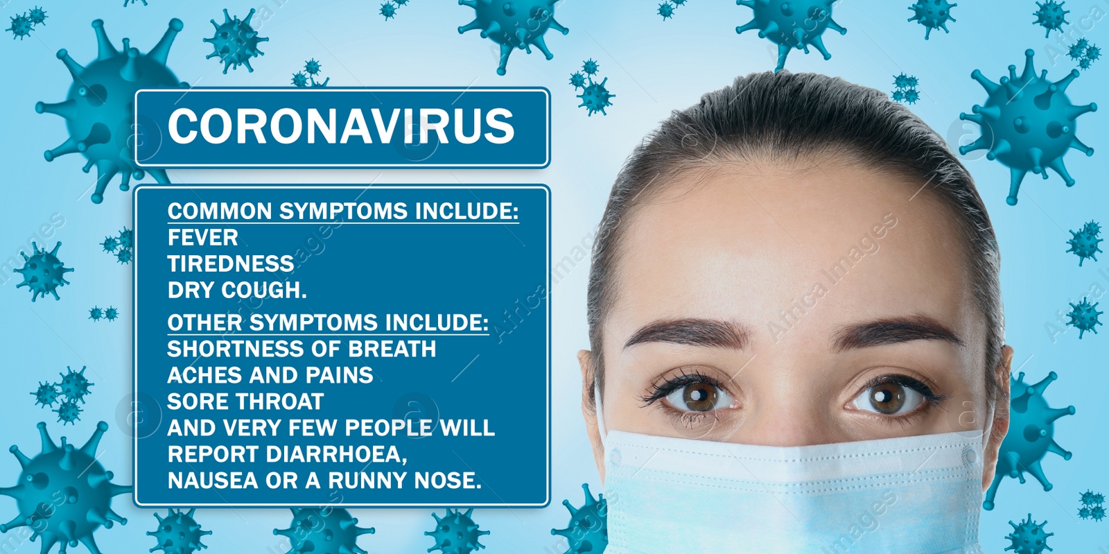 Image of Woman with medical mask and list of coronavirus symptoms