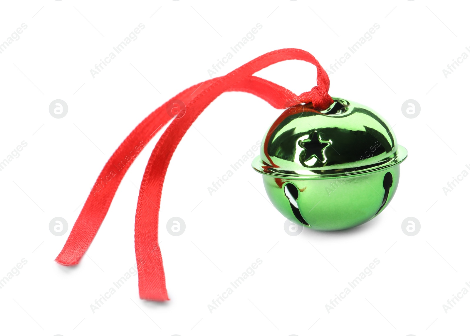 Photo of Shiny green sleigh bell with ribbon isolated on white