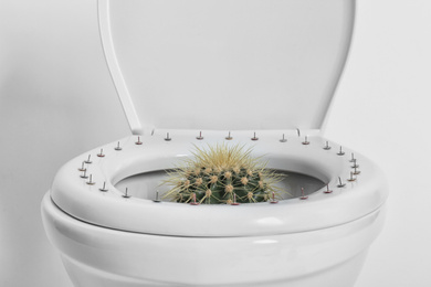 Photo of Toilet bowl with pins and cactus on white background, closeup. Hemorrhoids concept