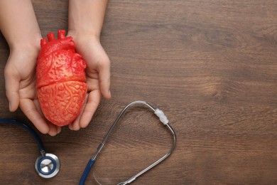 Man holding heart model near stethoscope on wooden background, top view and space for text. Cardiology concept