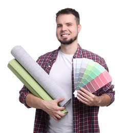 Man with wallpaper rolls and color palette on white background