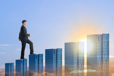 Image of Steps to success. Businessman climbing up skyscrapers in sky. Buildings as stairs